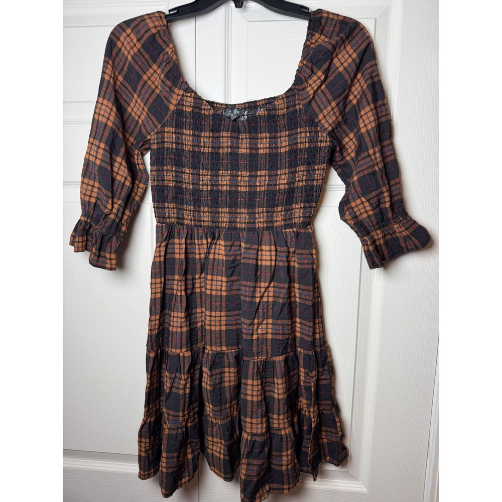 Lily Rose Brown Plaid Smocked Mini Dress Square Neck Tiered Ruffle XS